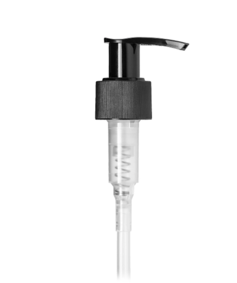 BLACK PP plastic 24-410 RIBBED SKIRT UP LOCK SADDLE HEAD DISPENSING HEAD WITH 7.75INCH DIP TUBE (1.2 cc output)